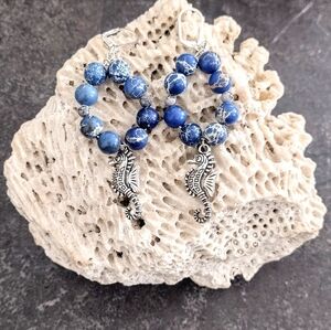 Blue Sea Sediment Beaded Seahorse Earrings